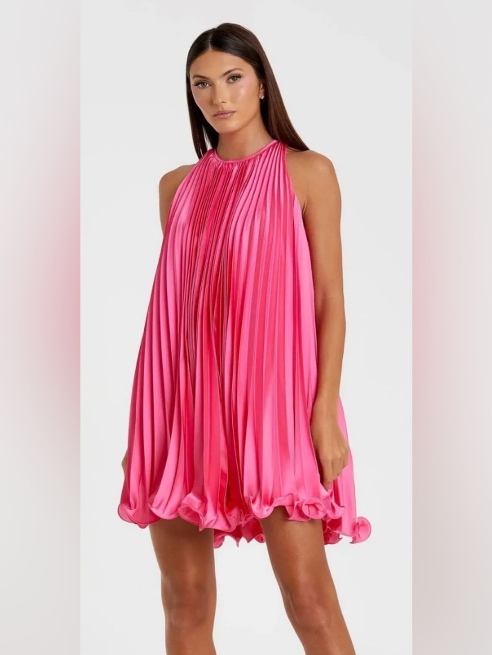 Mac Duggal Pink Pleated Halter Neck Flowy Mini Trapeze Dress – NWT Size 10